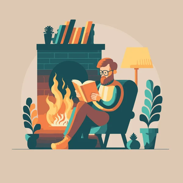 Person Man Enjoy Shit Reading Book Chair Hygge Concept Vector — Vettoriale Stock