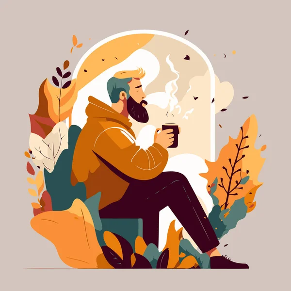 Man Relaxing Sitting Drinking Hot Flavored Coffee Hygge Concept Vector — Stockový vektor
