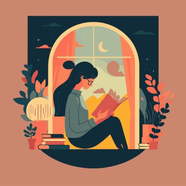 young woman enjoy sitting reading book hygge concept cartoon vector flat color illustration