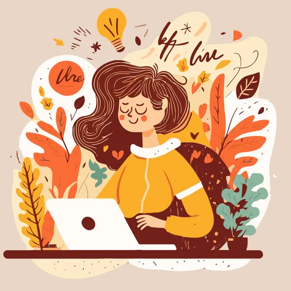 Illustration Woman Working Laptop Home Freelancer Home Office Hygge Concept — Archivo Imágenes Vectoriales