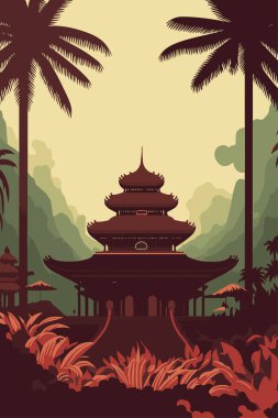 bali old temple, balinese culture background indonesia tourism retro style vector flat color illustration clipart