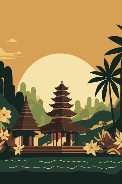 巴里古寺 巴厘文化背景印度尼西亚旅游复古风格矢量平面色彩图解 — 图库矢量图片