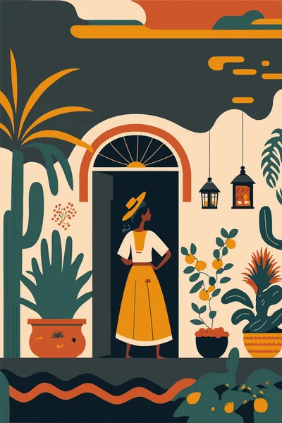 メキシコの伝統的な家観光名所ベクトルフラットカラーイラストウォールアートプリントポスター — ストックベクタ