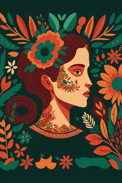 Όμορφη Μεξικανική Γυναίκα Διάνυσμα Επίπεδη Έγχρωμη Εικονογράφηση Τοίχο Τέχνη Αφίσα — Διανυσματικό Αρχείο