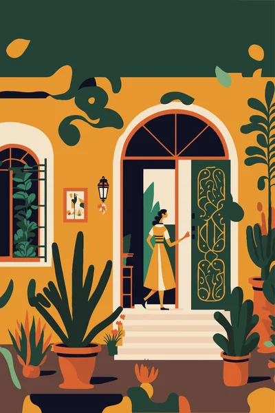 Традиційний Будинок Мексиканського Міського Туризму Привабливість Вектор Плоский Колір Ілюстрація — стоковий вектор