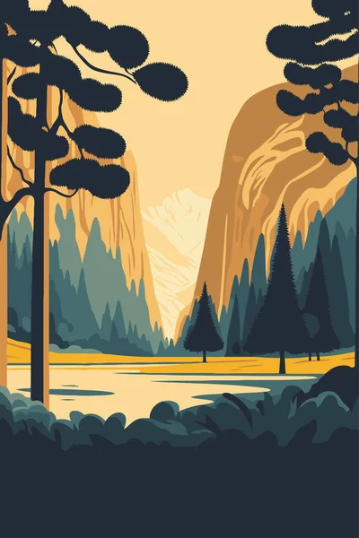 キャピタンヨセミテ国立公園シエラ ネバダ中央カリフォルニアポスター平色ベクトルイラスト自然背景 — ストックベクタ