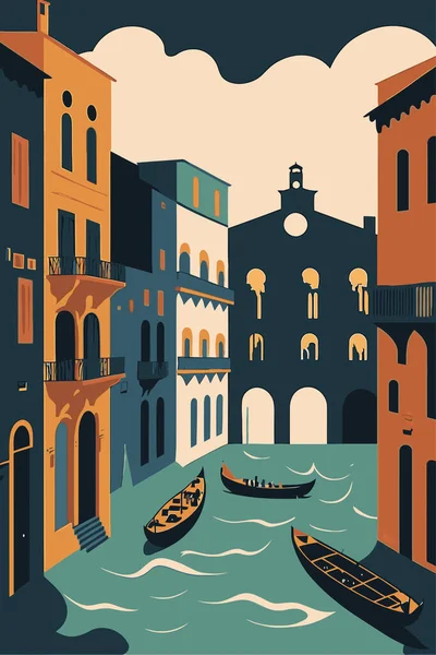 Flat Vector Gondola Venice Grand Canal Italy City Attraction Background — Stock Vector