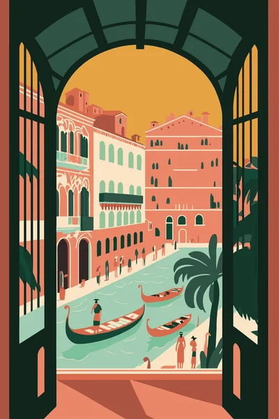 Плоский Векторный Гондола Venice Гранд Канал Итальянский Город Аттракцион Фоновый — стоковый вектор