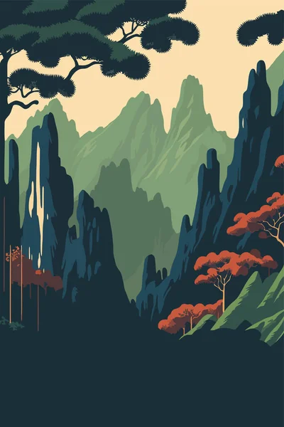 張家界国立森林公園 湖南省 中国の石英砂岩の柱の何千もの背景ベクトル図 — ストックベクタ