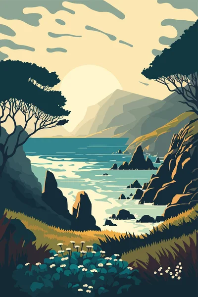 Flat Vector Illustration Seaside View Coastal Hills Overgrown Vegetation Hills — Stok Vektör
