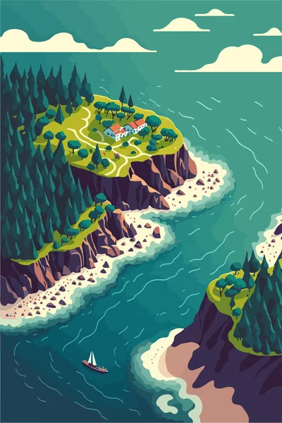 Vector Illustration Coastline View Sea Coastline Rocks Landscape — Διανυσματικό Αρχείο