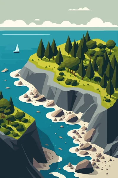 Vector Illustration Coastline View Sea Coastline Rocks Landscape — Stok Vektör