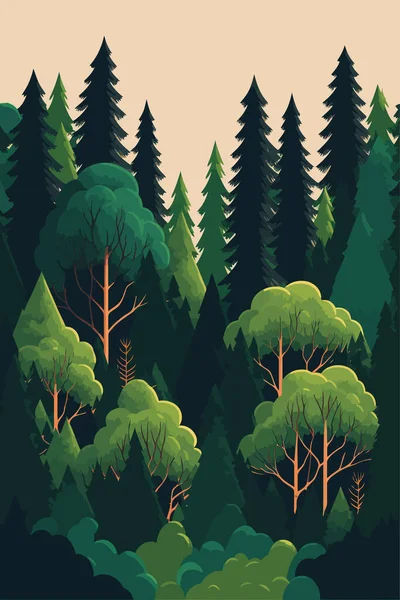 Landscape Green Forest Pine Trees Wilderness National Park Flat Color —  Vetores de Stock