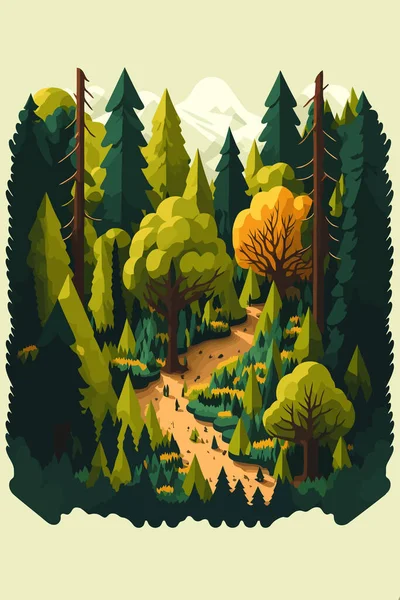 Landscape Green Forest Pine Trees Wilderness National Park Flat Color — Archivo Imágenes Vectoriales