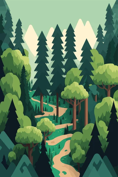 Landscape Green Forest Pine Trees Wilderness National Park Flat Color — Stock vektor