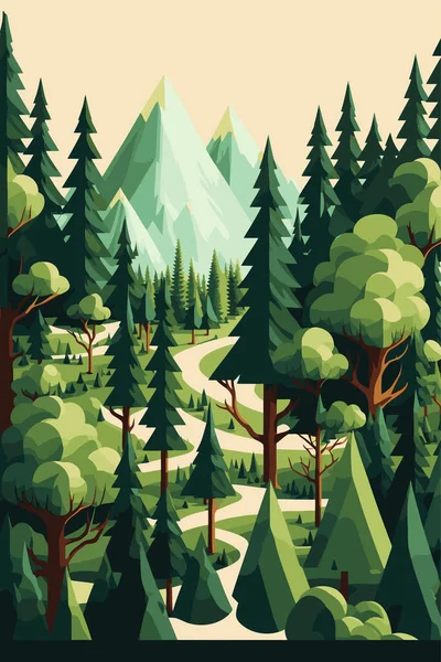 Landscape Green Forest Pine Trees Wilderness National Park Flat Color — 图库矢量图片