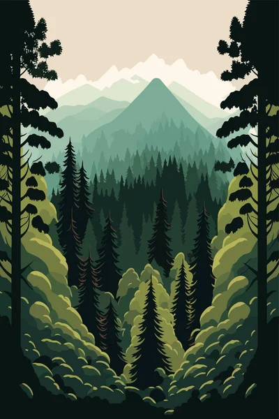 Landscape Green Forest Pine Trees Wilderness National Park Flat Color — Archivo Imágenes Vectoriales