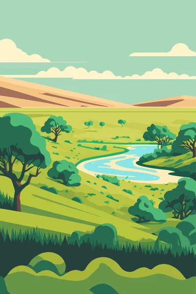Illustration Grassland Landscape View Meadows Hills Mountains Background Flat Color — Stok Vektör