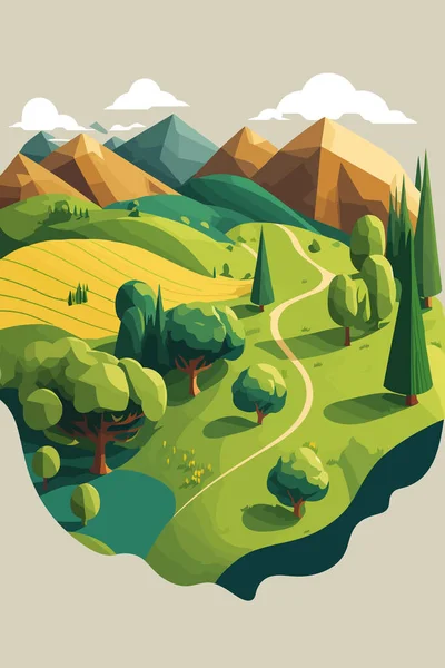 Illustration Grassland Landscape View Meadows Hills Mountains Background Flat Color — Stock Vector