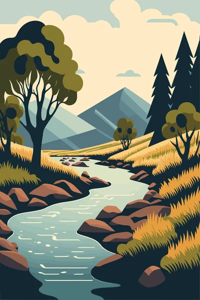 River Flow Forrest Mountain Background View Landscape Flat Color Vector — Διανυσματικό Αρχείο