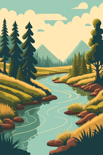 川の流れと森の山の背景の風景フラットカラーベクトル図 — ストックベクタ