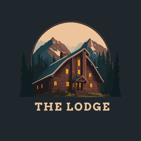 ロッジバッジロゴ ウッドキャビン自然林のロゴベクトルイラスト 木製の家 — ストックベクタ