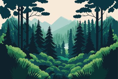 Doğa yeşili orman dağının manzarası. Düz renkli çizgi film tarzında vektör illüstrasyonu.