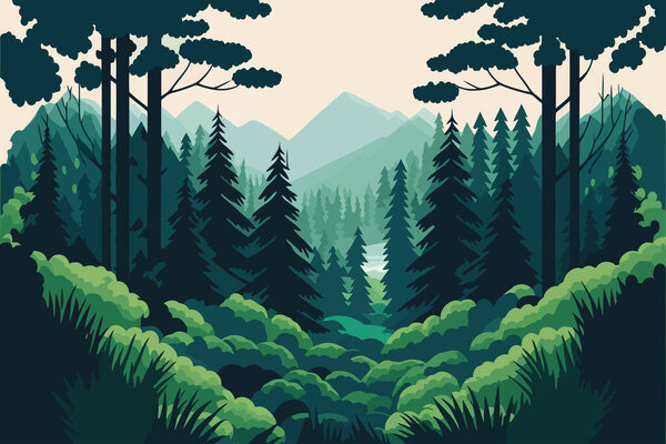 Пейзаж природы зеленый лес горы. Векторная иллюстрация в плоском стиле мультфильма.