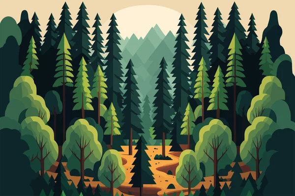 Landscape Nature Green Forest Mountain Vector Illustration Flat Color Cartoon — Vector de stock