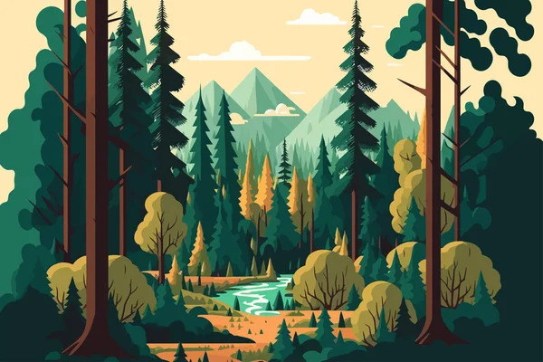 Τοπίο Της Φύσης Πράσινο Δάσος Βουνό Εικονογράφηση Διάνυσμα Επίπεδο Χρώμα — Διανυσματικό Αρχείο