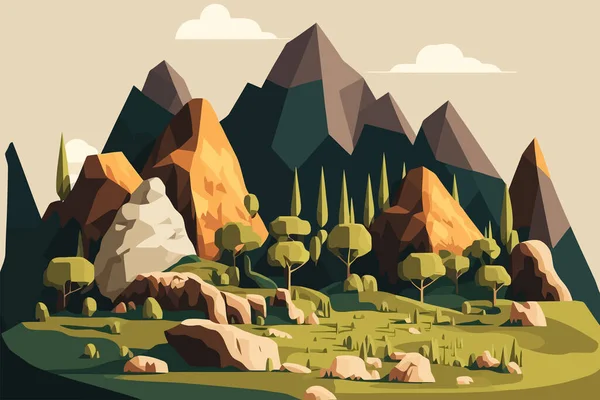 山や木のあるカーツの風景自然 平色漫画スタイルのベクトルイラスト — ストックベクタ