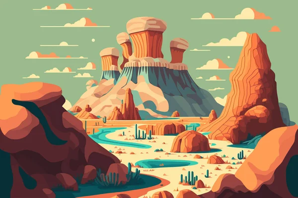 ビスティは山や川と新しいメキシコ砂漠の風景をバッドランド 漫画風のベクトルイラスト — ストックベクタ