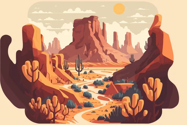 Illustration Grand Canyon Desert Landscape Mountains River Flat Style Vector — 스톡 벡터