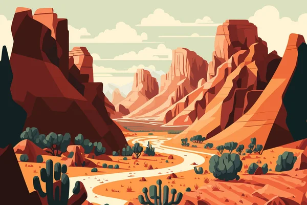 Illustration Grand Canyon Desert Landscape Mountains River Flat Style Vector — 图库矢量图片