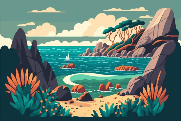 Coastal Summer Landscape Sea Mountains Islands Vector Illustration Flat Style — 图库矢量图片