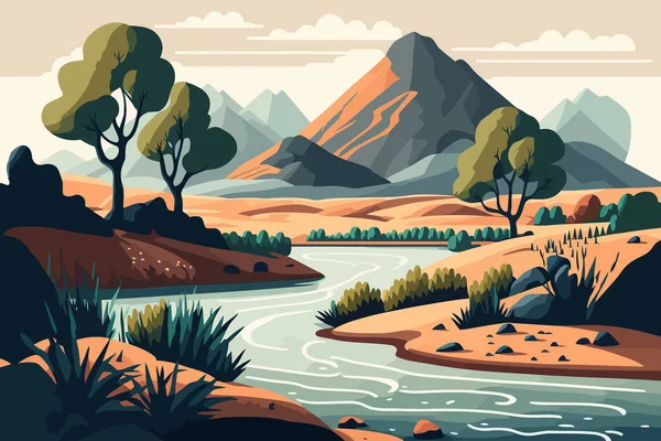 山や川と風景 平面漫画風のベクトルイラスト — ストックベクタ
