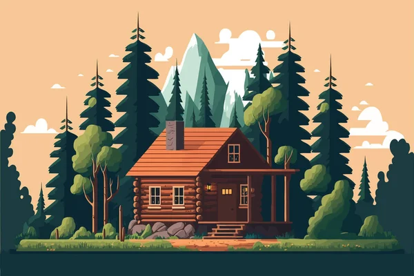 ウッドキャビンだ 森の中の木造住宅 漫画風のベクトルイラスト — ストックベクタ
