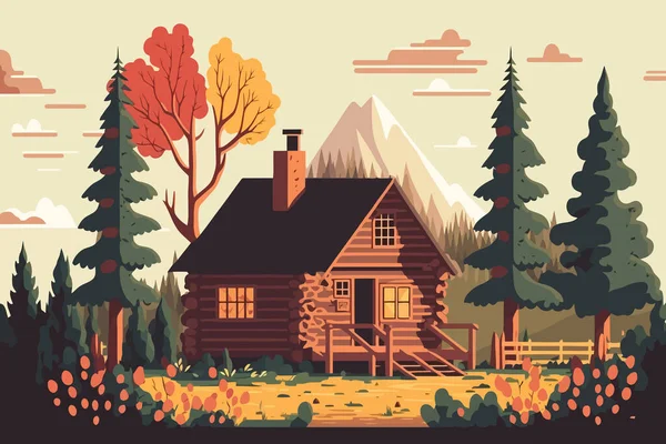 Ξύλινη Καμπίνα Ξύλινο Σπίτι Στο Δάσος Εικονογράφηση Διάνυσμα Στυλ Κινουμένων — Διανυσματικό Αρχείο
