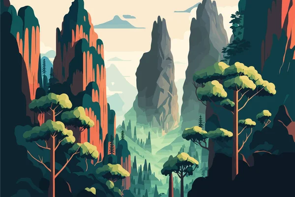 Zhangjiajie Forest Park China Landscape Mountains Forest Vector Illustration Flat — 图库矢量图片