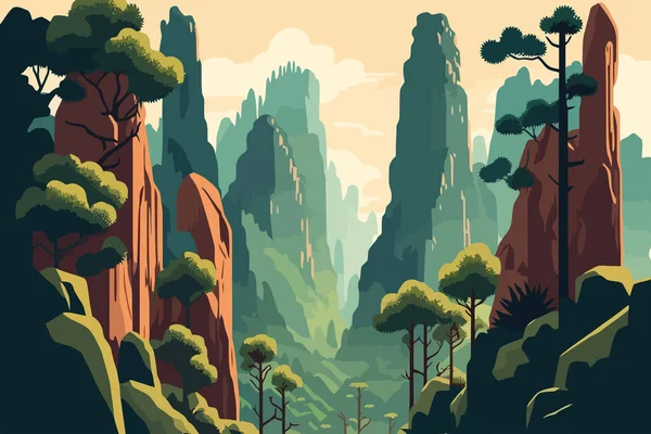 Zhangjiajie Forest Park China Landscape Mountains Forest Vector Illustration Flat — Διανυσματικό Αρχείο