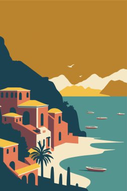 Bir pozitano, İtalya 'nın vektör illüstrasyonu. Arka plan olarak kullanılabilir. düz renkli çizgi film tarzı seyahat posteri