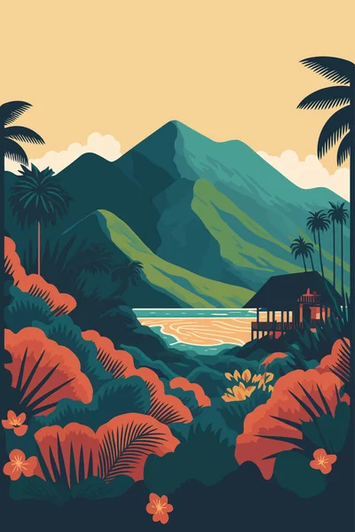 Palmiye Ağaçları Dağlar Gölü Olan Tropik Bir Manzara Vektör Illüstrasyonu — Stok Vektör