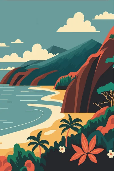 Hawaii Deniz Burnu Dağlar Deniz Çizgi Film Tarzı Seyahat Posterindeki — Stok Vektör