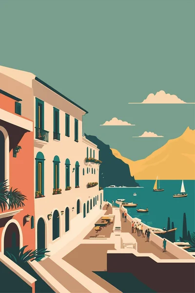 Cinque Terre Talya Avrupa Vektör Düz Renk Çizimi Düz Renkli — Stok Vektör