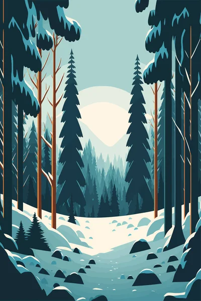 Winter Forest Landscape Pine Trees Snow Vector Flat Color Cartoon — Διανυσματικό Αρχείο