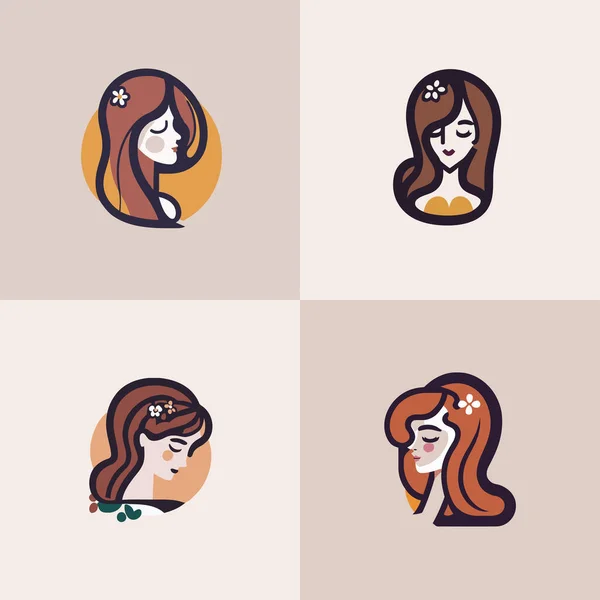 Set Women Hairstyles Vector Illustration Flat Style Beautiful Girl Logo — Διανυσματικό Αρχείο