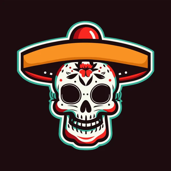 Mexikanischer Totenkopf Mit Sombrero Vektorillustration Auf Dunklem Hintergrund Flache Farbgebung — Stockvektor