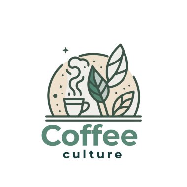 Coffee cup and plant logo template. Vector illustration of cafe and restaurant logotype. Monoline Style