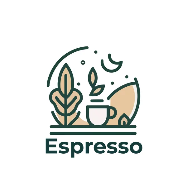 浓缩咖啡标志设计 咖啡杯和植物病媒图解 独白风格 — 图库矢量图片