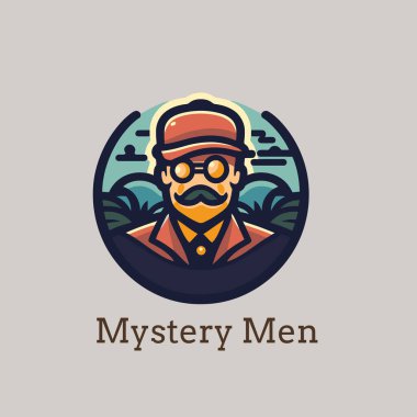 Retro hipster adam vektör logosu tasarım şablonu. Hippi adam çizimi. Şapkalı ve gözlüklü dedektif.